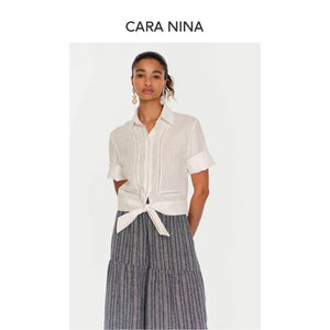 Linen perforated embroidery strap waist-hugging short-sleeved shirt top