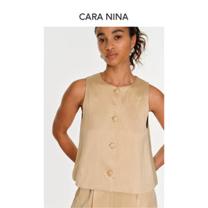 Silk and wool sleeveless round-neck A-line blouse