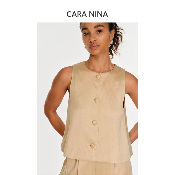 Silk and wool sleeveless round-neck A-line blouse
