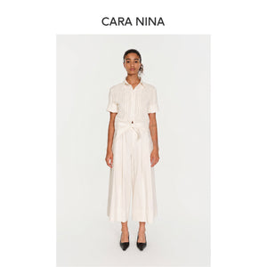 Linen perforated embroidery strap waist-hugging short-sleeved shirt top