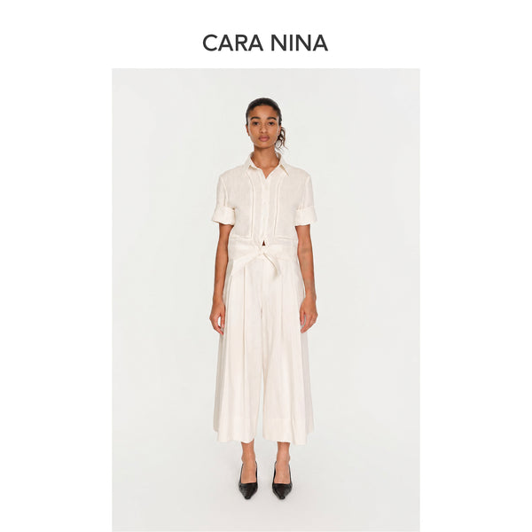 Linen perforated embroidery strap waist-hugging short-sleeved shirt top