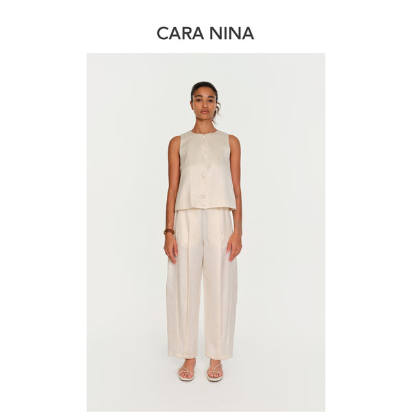Silk and wool elastic waist pleated casual nine-inch pants