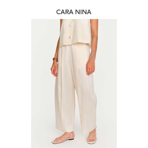 Silk and wool elastic waist pleated casual nine-inch pants