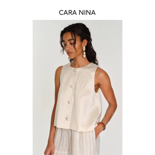 Silk and wool sleeveless round-neck A-line blouse