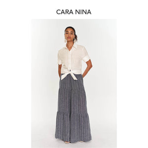 Linen perforated embroidery strap waist-hugging short-sleeved shirt top