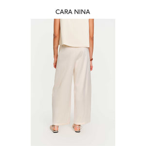 Silk and wool elastic waist pleated casual nine-inch pants