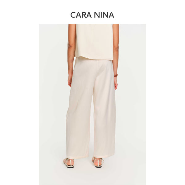 Silk and wool elastic waist pleated casual nine-inch pants