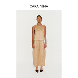 Silk and wool elastic waist pleated casual nine-inch pants