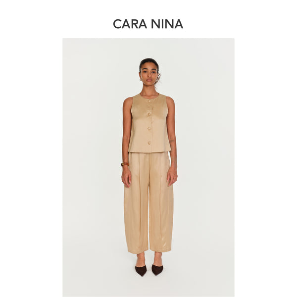 Silk and wool elastic waist pleated casual nine-inch pants