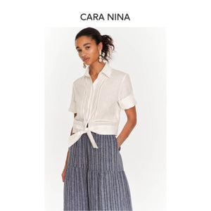 Linen perforated embroidery strap waist-hugging short-sleeved shirt top