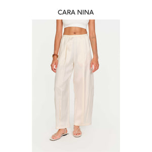 Silk and wool elastic waist pleated casual nine-inch pants