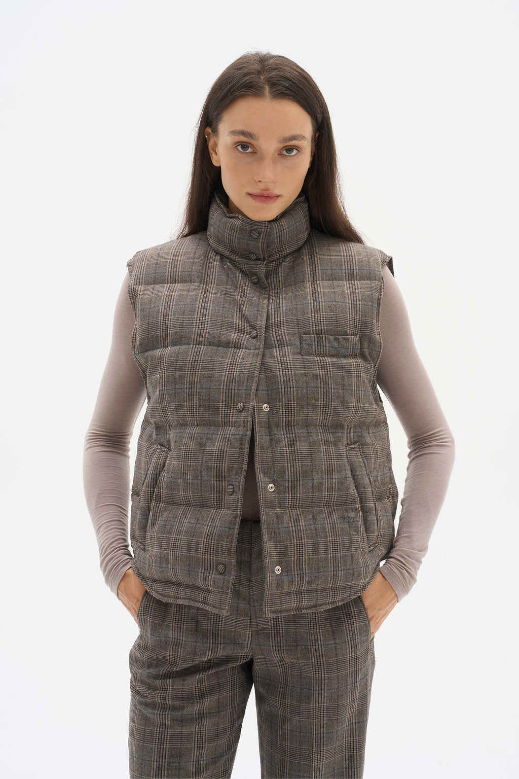 Fine-spun wool checkered goose down jacket vest