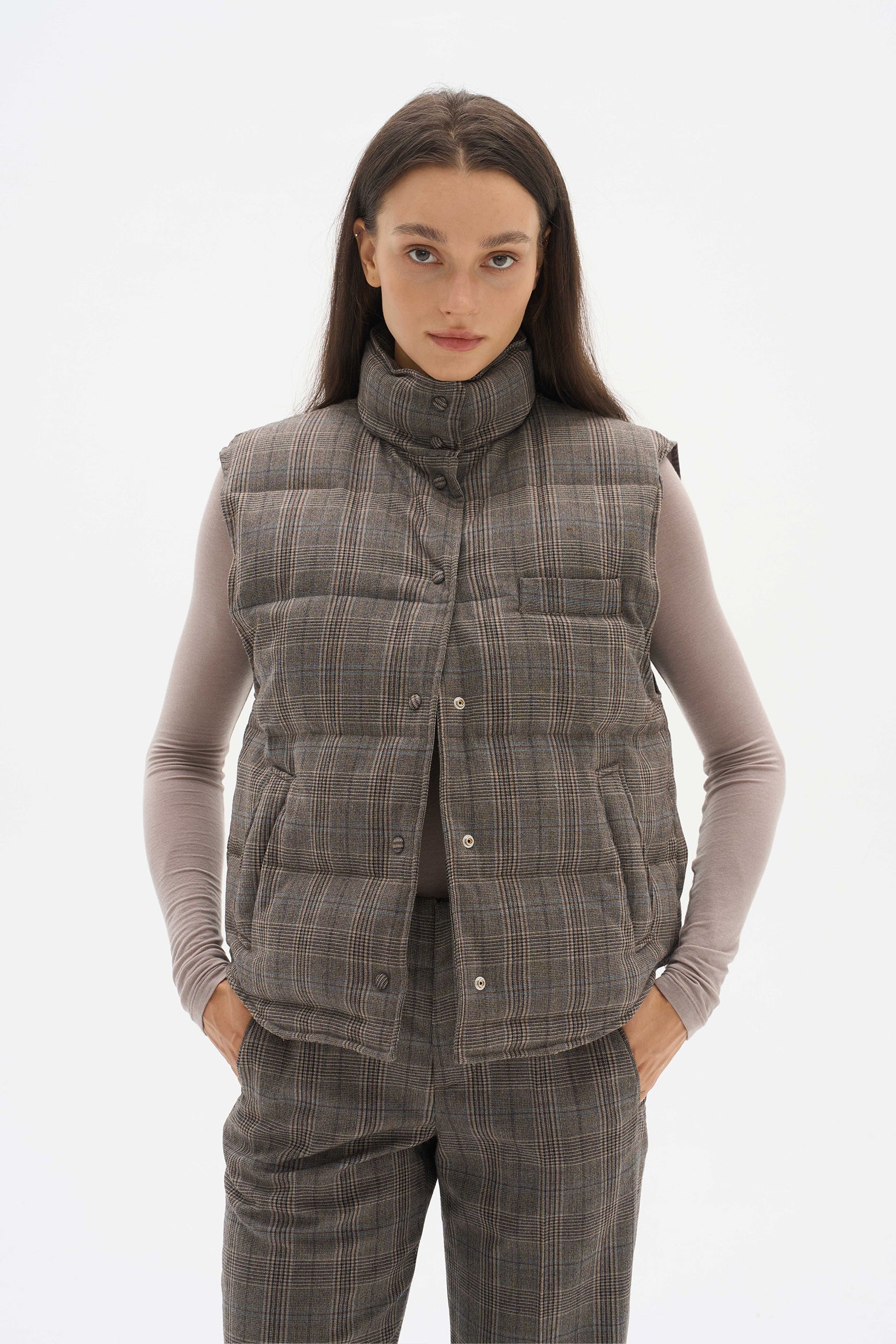 Fine-spun wool checkered goose down jacket vest