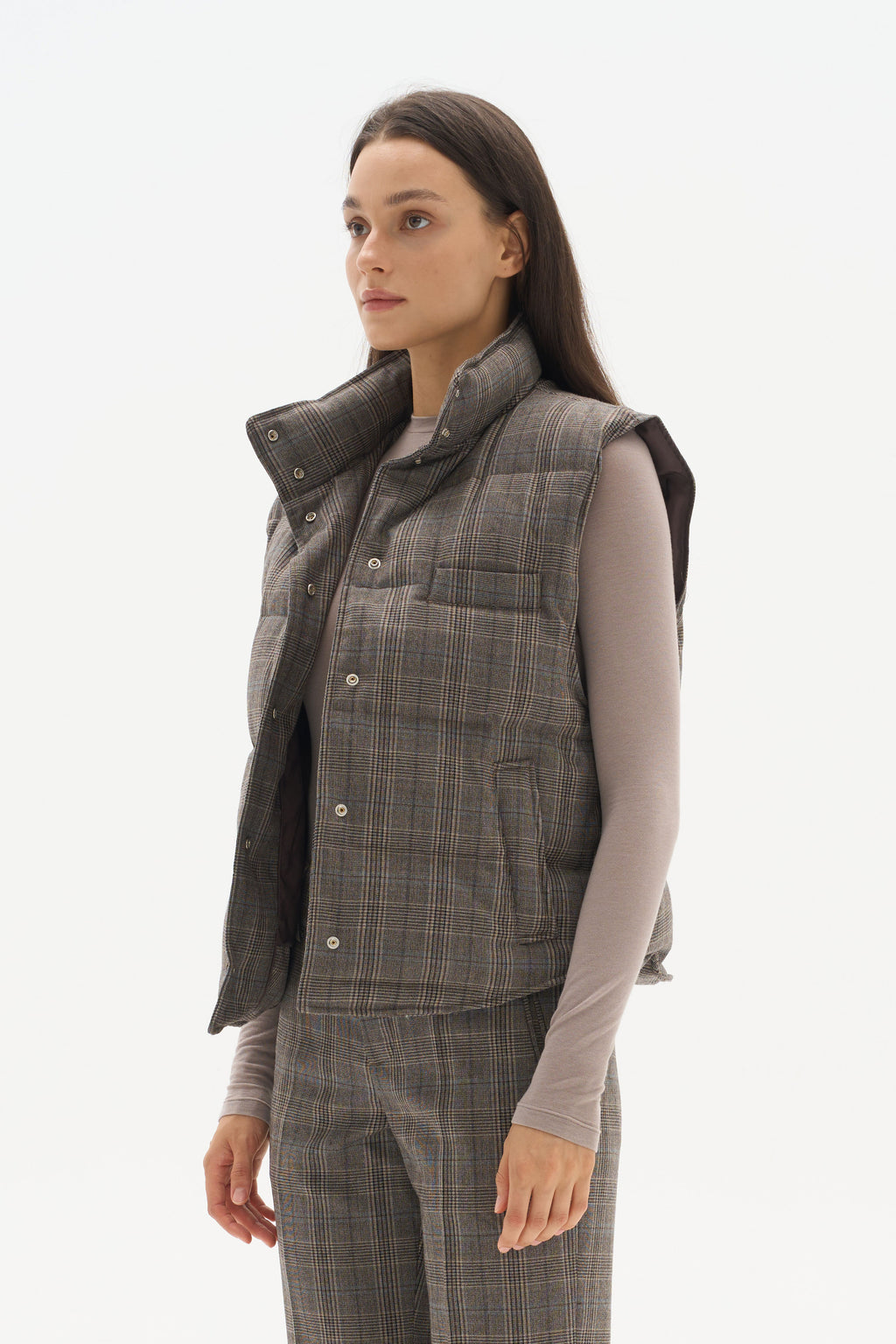 Fine-spun wool checkered goose down jacket vest