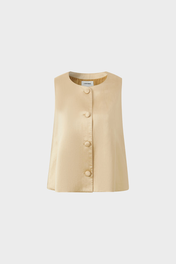 Silk and wool sleeveless round-neck A-line blouse