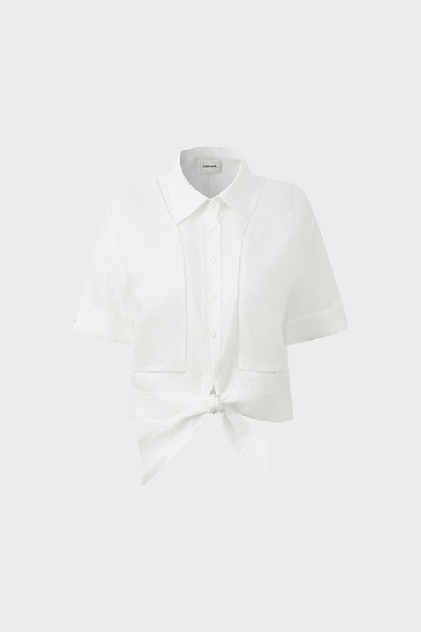Linen perforated embroidery strap waist-hugging short-sleeved shirt top